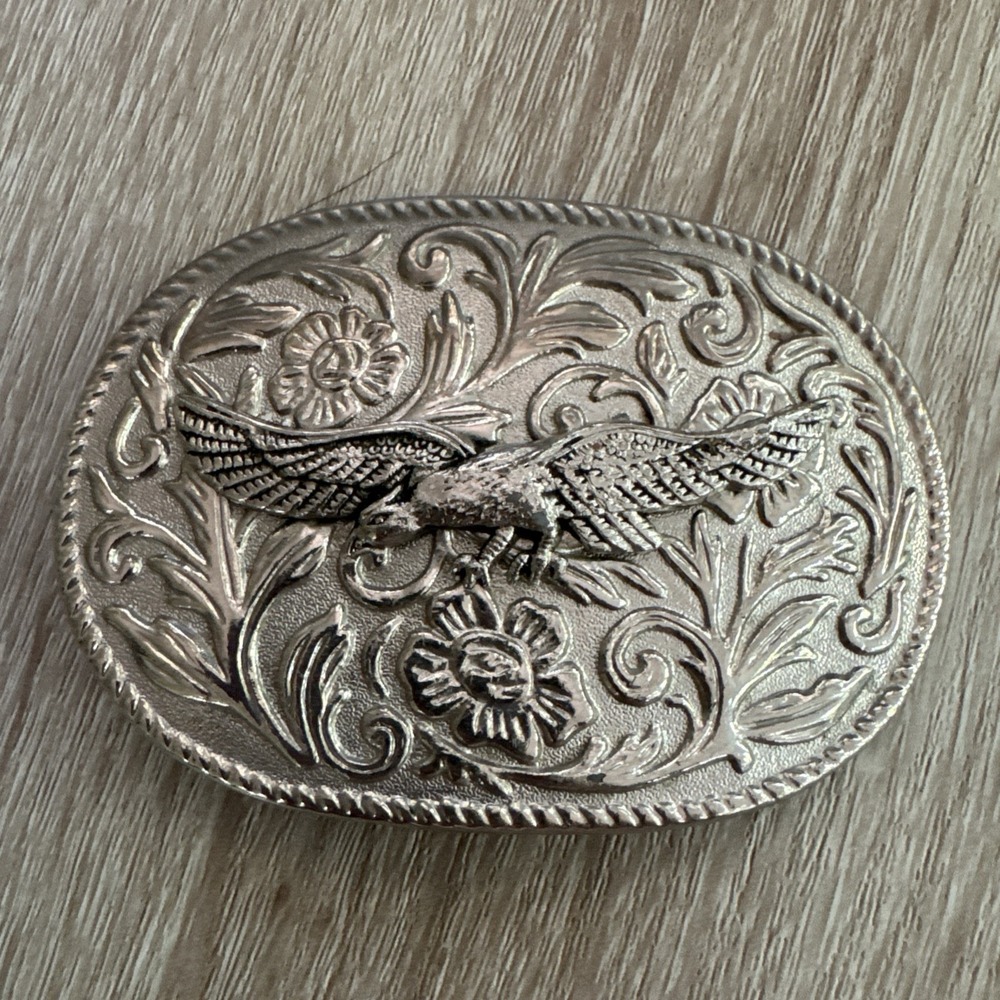 Oval Eagle Belt Buckle Floral Western Cowboy Style 3D Silver Tone Vintage